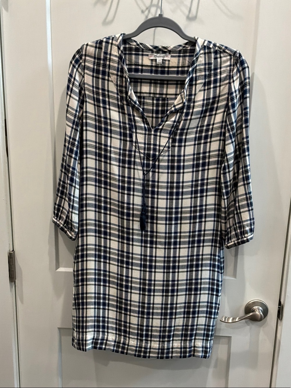 Madewell XXS Navy & White Artiste Plaid Pockets Tunic Shirt Dress Tassels
